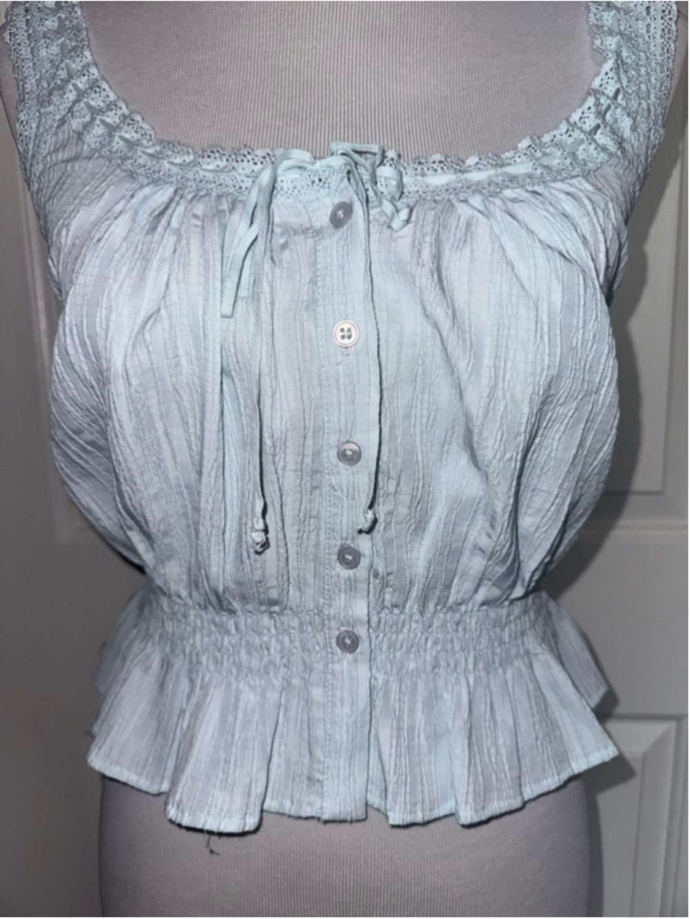 American Eagle Coquette Lace Trim Peplum Top Cottagecore Baby Blue Tank Small - Picture 5 of 9